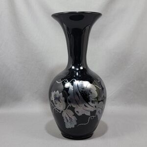 Vtg Fenton Vase Silver Poppies Ebony Black Burnished Hand Painted Signed